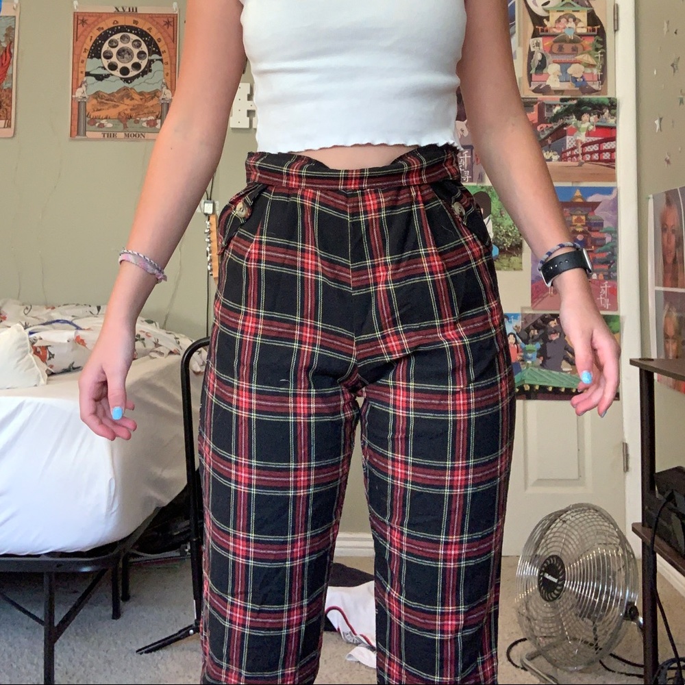 red and black plaid pants